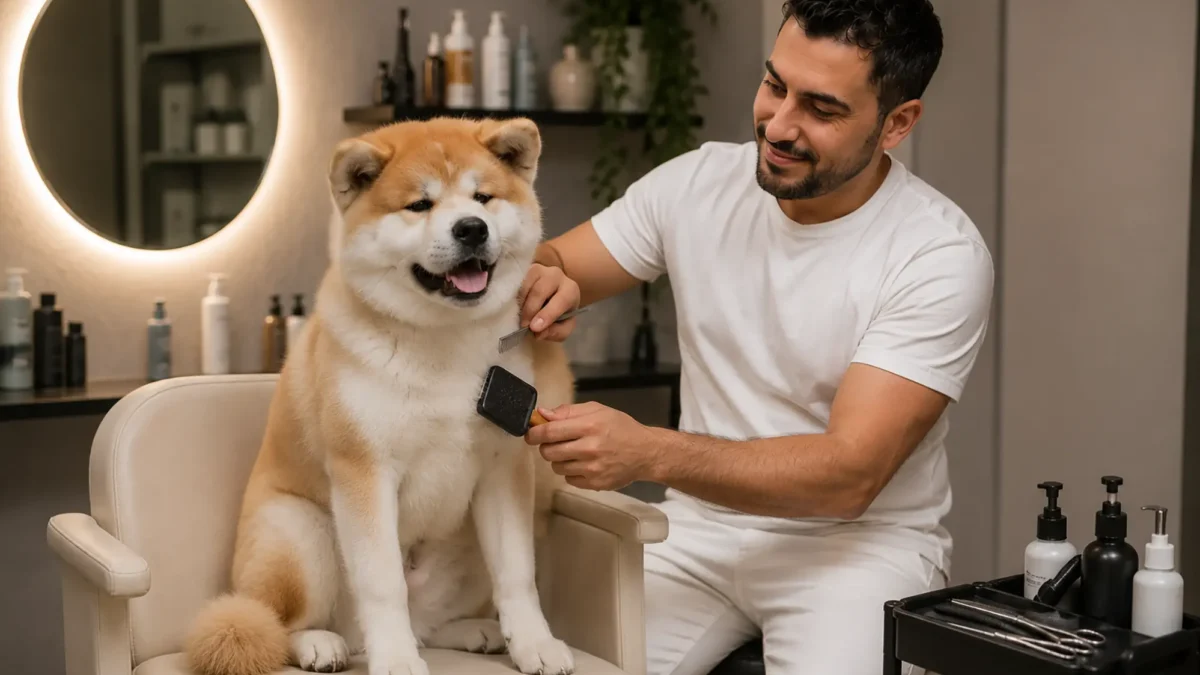 Toelettatura di un Akita rosso e bianco