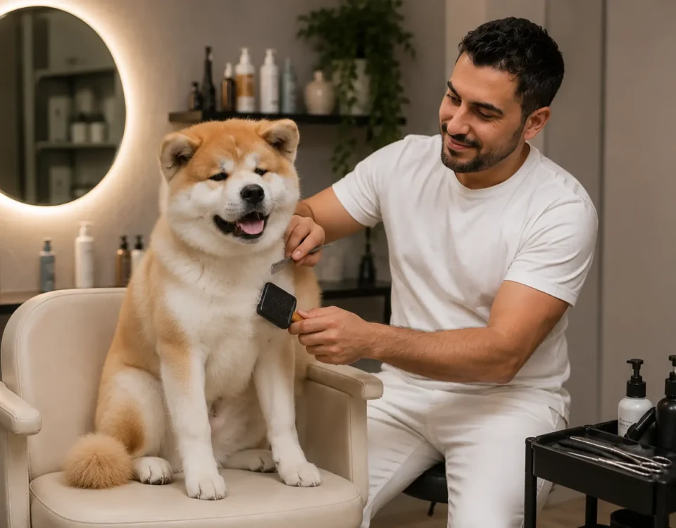 Toelettatura di un Akita rosso e bianco