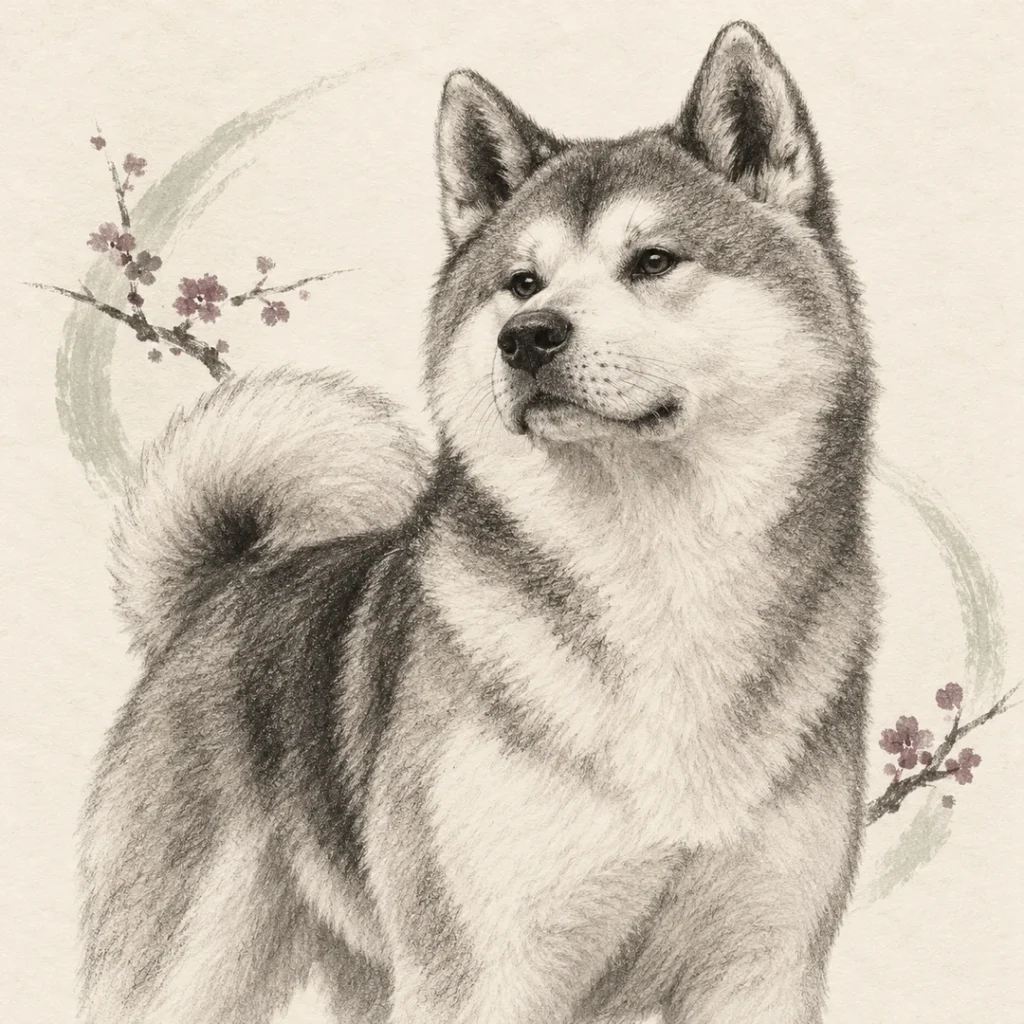 Illustrazione a carboncino di un Akita Inu